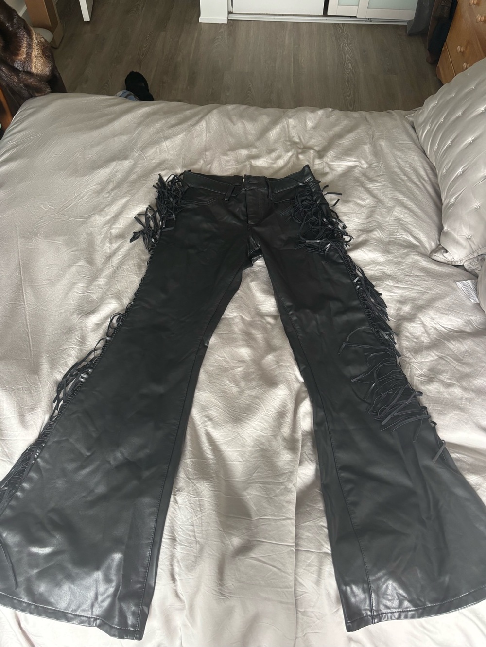 FAUX LEATHER BLACK FRINGE FLARE PANTS